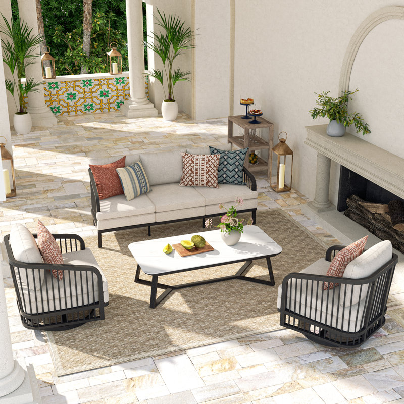 Asheville Patio Aluminum 5 Person Swivel Conversation Set With Sintered Stone Coffee Table