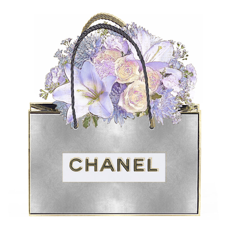 Silver Bag And Purple Bouquet by Madeline Blake - Wrapped Canvas Print, 30cm H x 30cm W