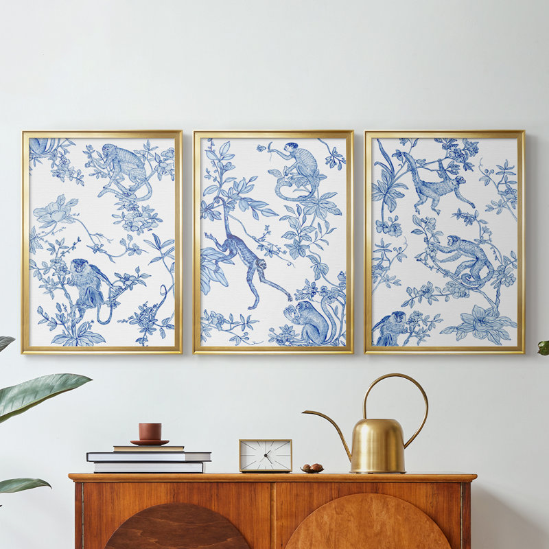 Monkey Land II - Toile tendue avec châssis sur mesure - 3 pièces, H 27 po x l 57 po, Doré