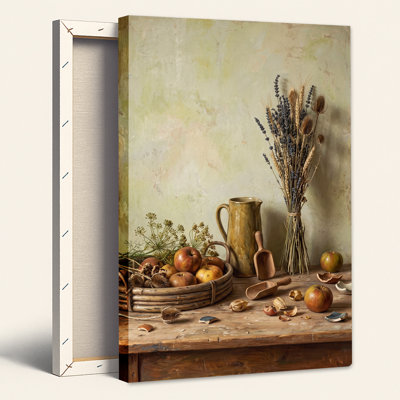 Tableau sur toile représentant un panier de pommes et de lavande séchée sur une table rustique en bois