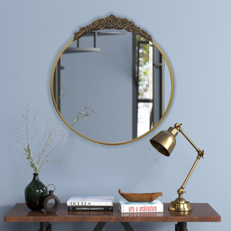 Miroir d'appoint vintage rétro pour entrée avec décor de grandes roses détaillées, 24 po x 24 po, Rond
