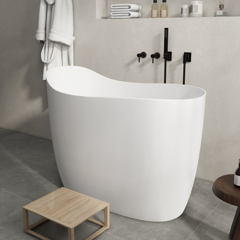 47"×25" Japanese Freestanding Bathtub Stone Resin Solid Surface Deep Soaking Tub with Seat