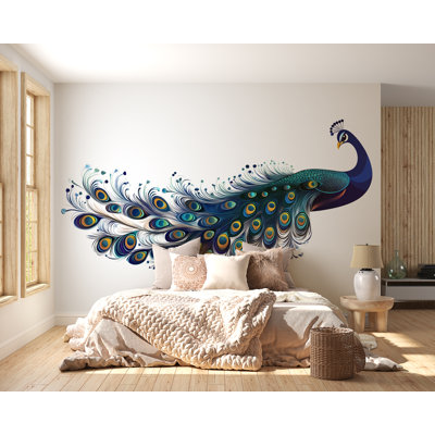Adhésif décoratif bleu paon bleu, oiseau moderne, art boho, grand autocollant mural, vinyle