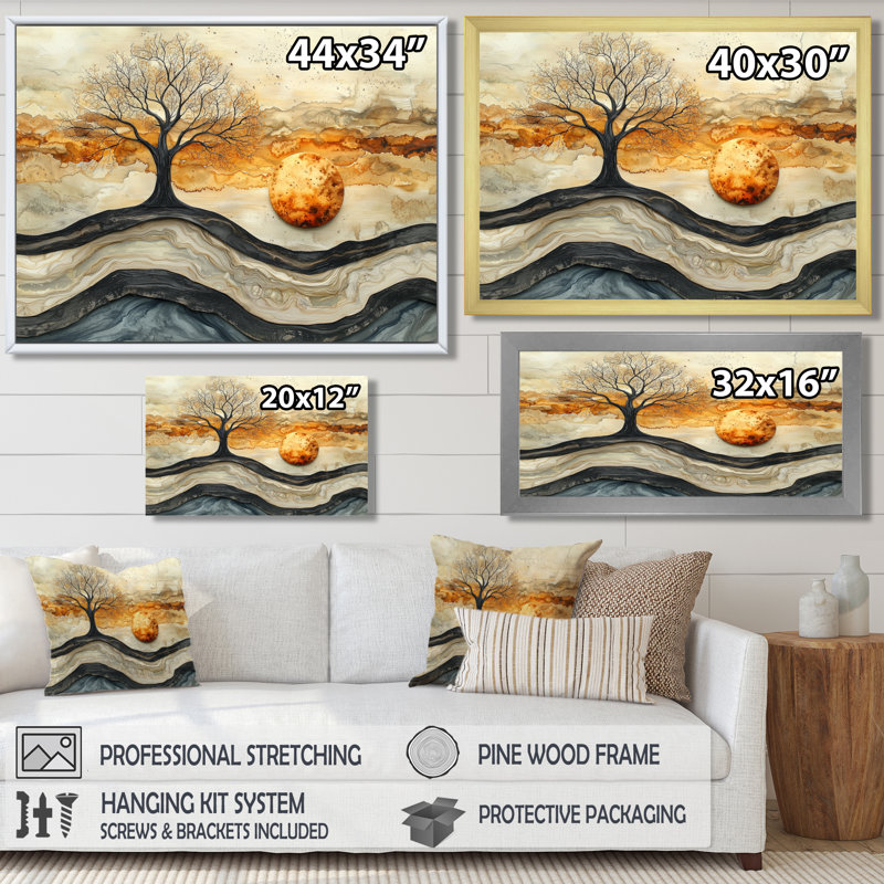 «Abstract Winter Trees on Crystal Wood River - Art mural encadré arbre de vie», H 30 po x l 40 po, Doré