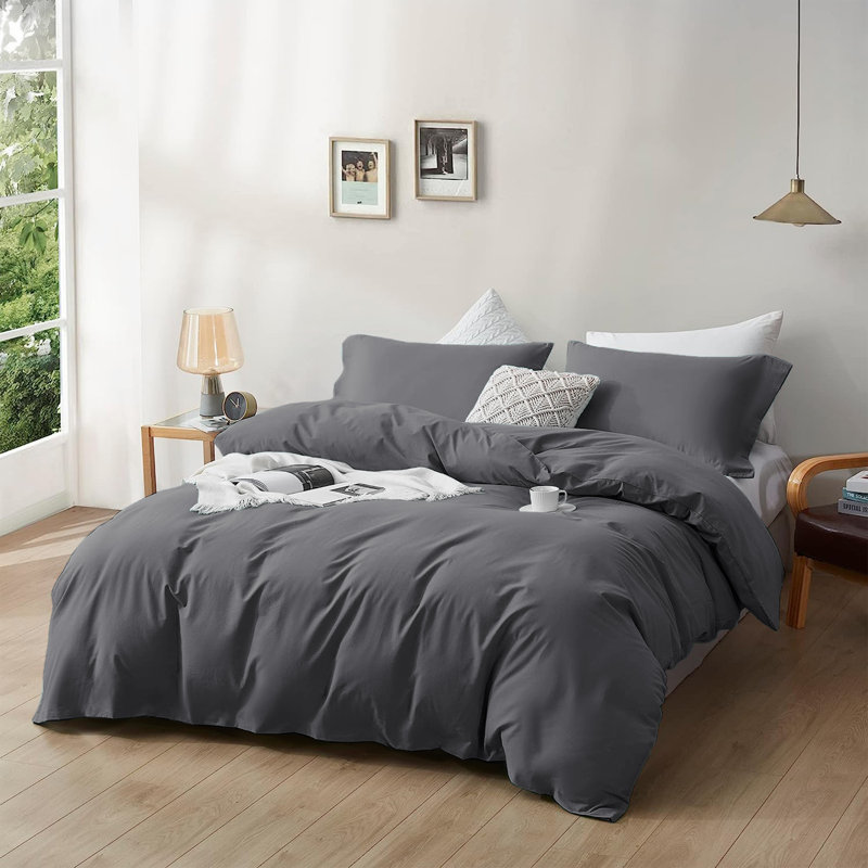  Ultra Soft Microfibre 200 TC Reversible Duvet Cover Set with Pillow Cases, Queen Duvet Cover + 2 Standard Shams, Gray