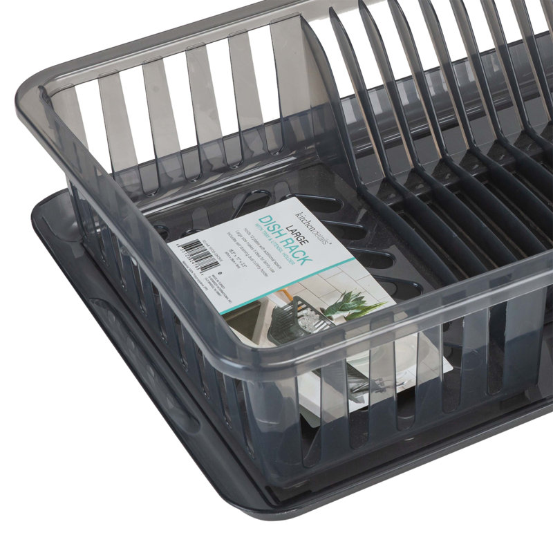 Smoke Gray Plastic Dish Rack with Utensil Cup and Tray
