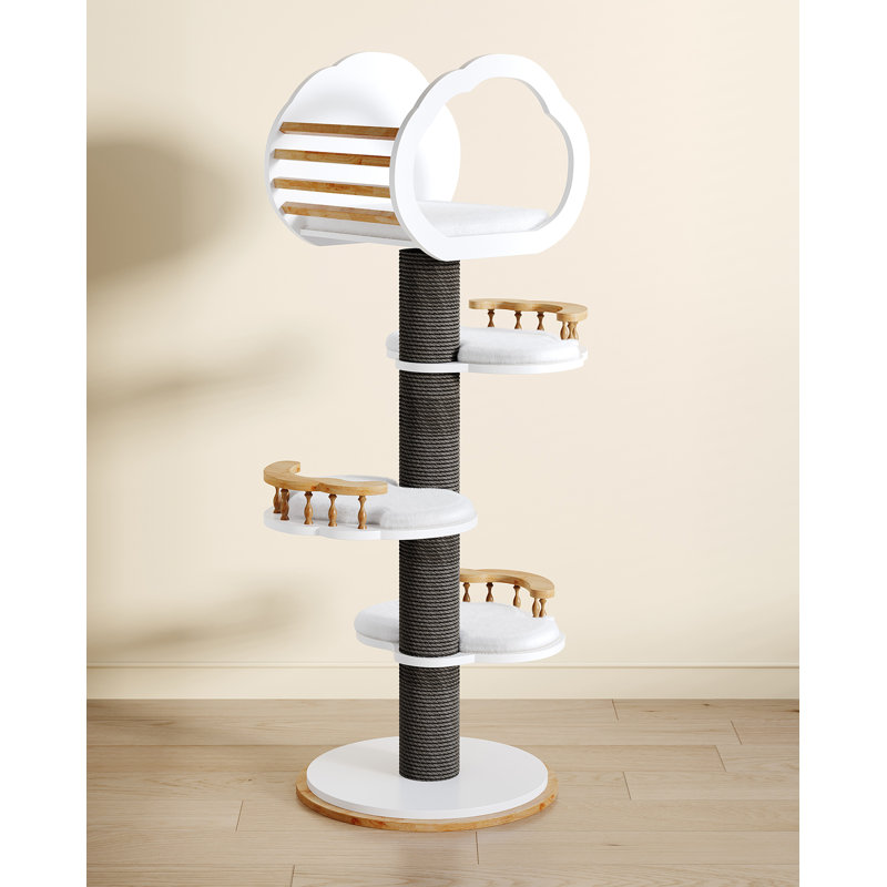 Mewzoom 54" Tall Modern Natural Solid Wooden Cat Tree Tower Scratching Posts for Large Cats, Black