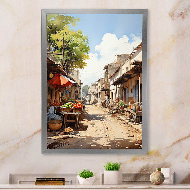 «Beige Red Minimalist Artwork of Village», reproduction d'art sur toile, H 40 po x l 30 po x P 1,5 po, Cadre photo argenté