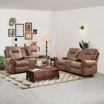 Causeuse inclinable manuelle en microfibre de 76,77 po de largeur avec console centrale et garniture cloutée (ensemble de 2)