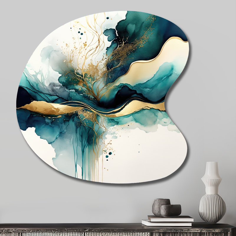 Sarcelle et or abstrait Expression III - Abstrait liquide encre liquide, art mural asymétrique, H 27 po x l 27 po