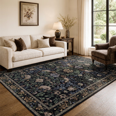  Forest Green Botanical Floral Washable Area Rug, Vintage Traditional Carpet for Living Room, Dining Room and Bedroom, Non-Slip Cottage Style Floor Covering