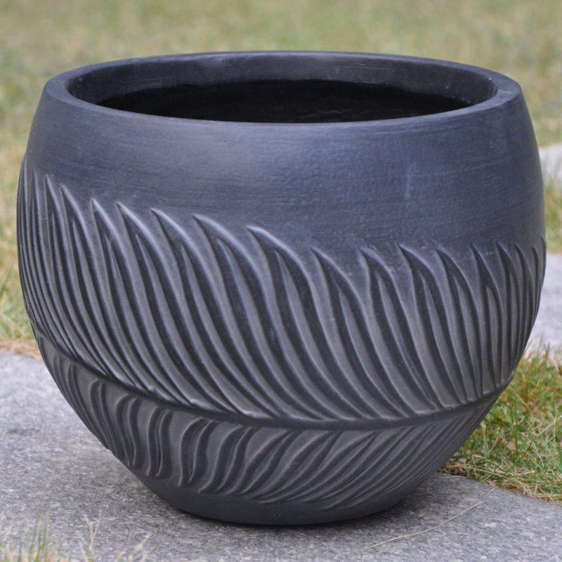 Leaf Embossed Concrete Effect Ball Round Planter, Frostproof Outdoor Plant Pot, Black Round Garden Planter with Drainage Holes