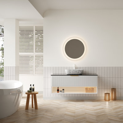 Malone 48" Bathroom Vanity With Sink, Floating Plywood Storage Cabinet, 2 Pinstripe Drawers&shelf, Sensor Light, Marble Pattern Ceramic Vessel Basin&black Sintered Stone Top, Pre-assembled, White 