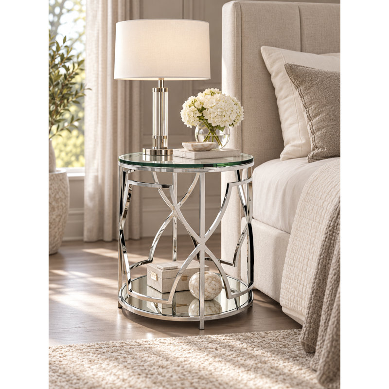 Pangea Home Benson Edward Round Glass End Table with Storage - Modern Round Side Table – Tempered Glass Top with Silver Steel Base for Living Room or Bedroom - Steel End/Side Table