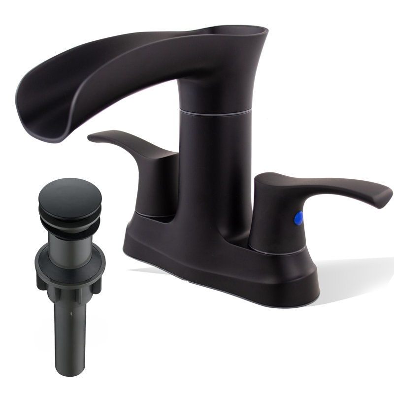 Robinet de lavabo à deux poignées, entraxe standard, bec cascade, bec pivotant à 360° et bonde escamotable, noir mat