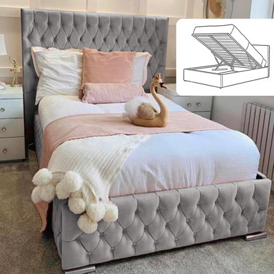 Delafuente Chesterfield Wingback Ottoman Storage Bed - Curved Velvet Upholstered Bed Frame