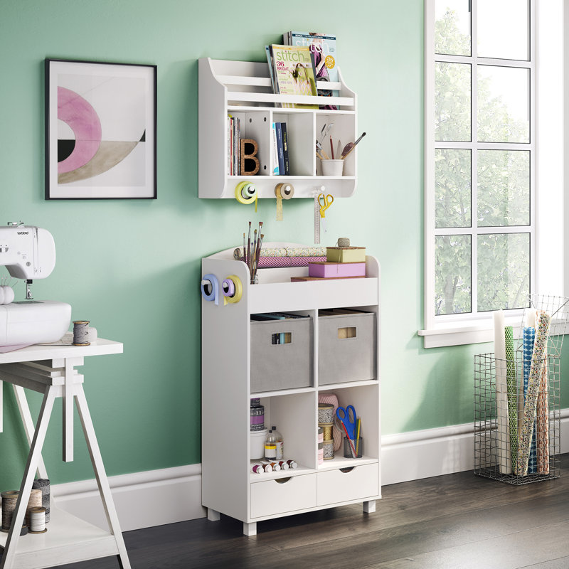 Playtime White Wall-Mounted Shelf with Bookrack and Cubbies for Kids