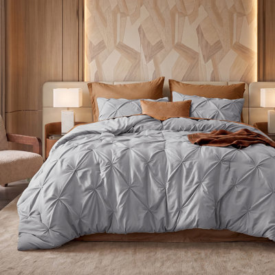 Ensemble d'édredon très grand lit gris - ensemble de literie pour très grand lit 3 pièces, ensemble de lit Gentlesoft Pintuck pour la famille, édredon toutes saisons à plis pincés et taies d'oreiller