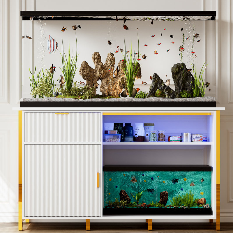 Helge 55-75 Gallon Fish Tank Stand with ED Light, Heavy Duty Aquarium Stand, White