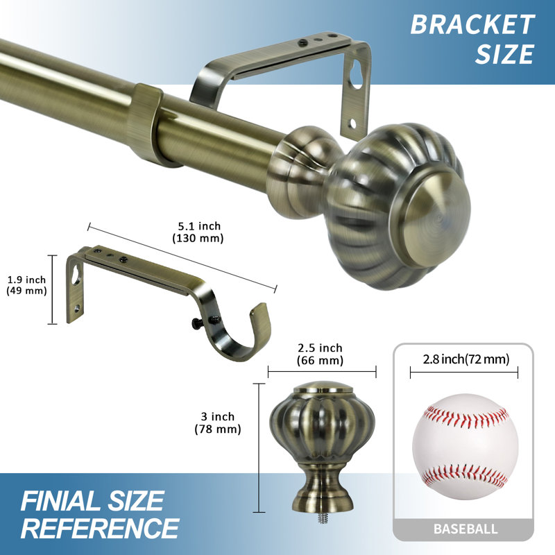 Photina Steel Adjustable 1'' Single Curtain Rod, 28" - 48" W, Antique Brass