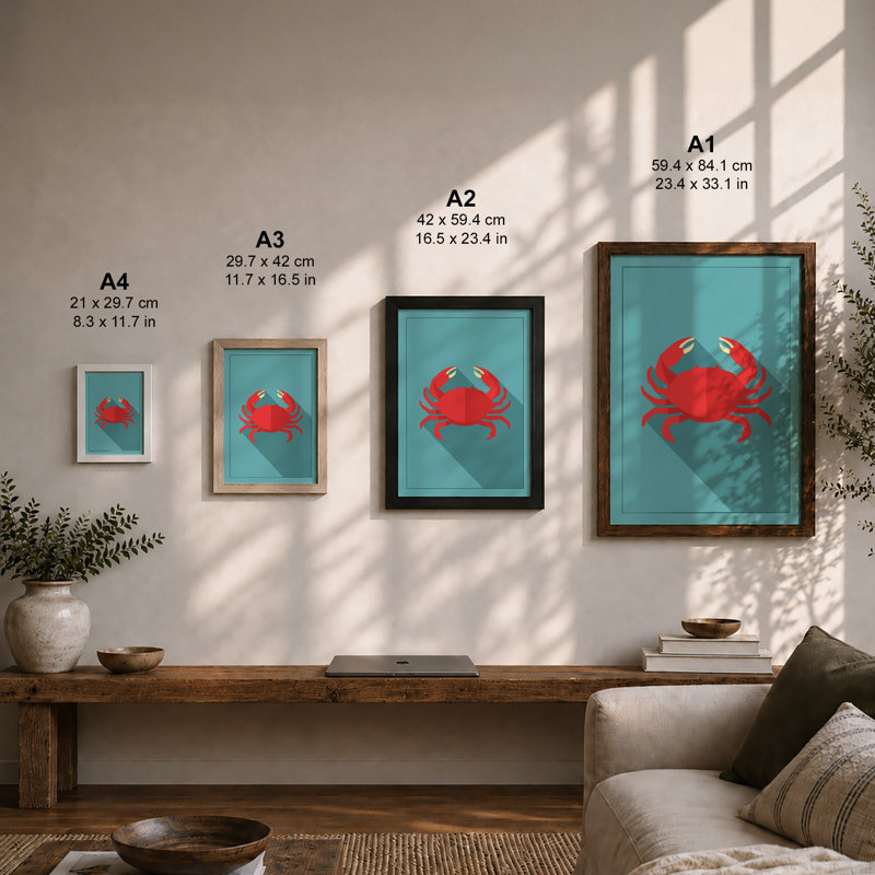 Crab in Teal Modern - Framed Print, Oak, A3 - 42.0 x 29.7 cm