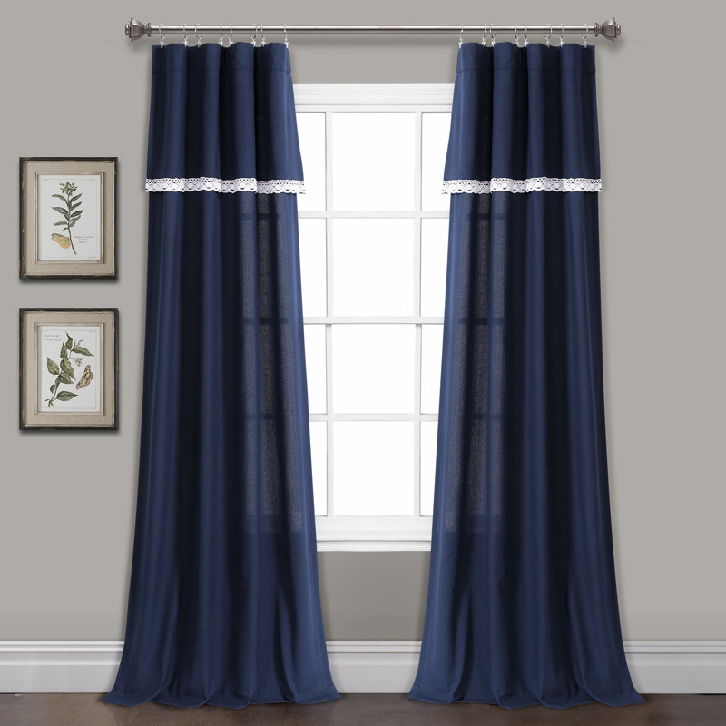 Linen Lace Linen Curtain Pair, Navy