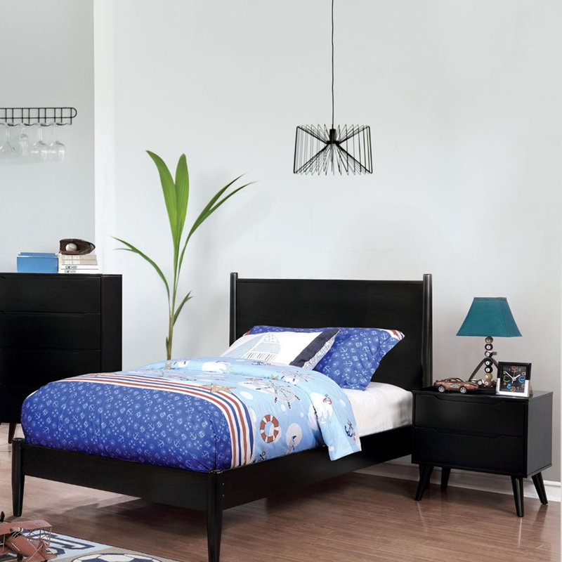 Ensemble de 3 pièces comprenant un lit en bois, 2 tables de chevet et un lit plateforme de style moderne du milieu du siècle.