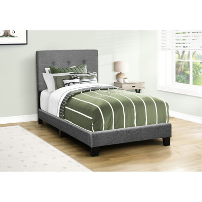 Cadre de lit tapissier pour lit simple pour adolescent avec bouclier gris foncé - aspect transitionnel, bois d'ingénierie massif, lattes de bois et tête de lit à boutons avec rembourrage confortable pour le style juvénile, bois