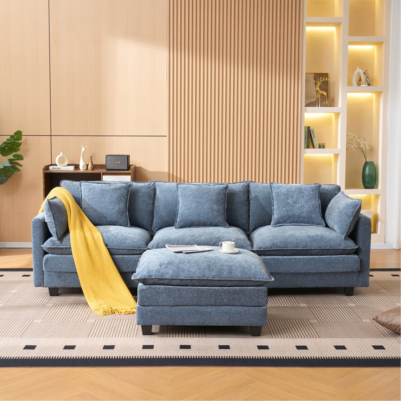 Canapé 3 places de couleur bleue avec repose-pieds avec rangement pour le salon, la chambre à coucher et la chambre compacte, canapé modulaire rembourré, banc en L avec repose-pieds