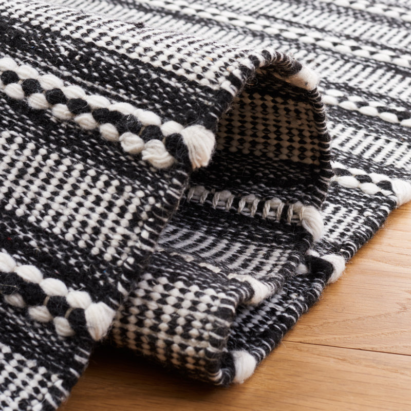Black and Ivory Kilim Flatweave Striped 5' x 8' Area Rug