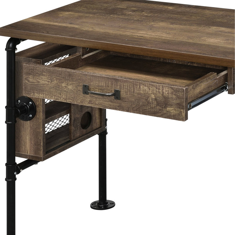 Rectangular Writing Desk With Weathered Oak Veneer And Black, 1 Drawer 3 Tier Shelf Metal Composite Wood In & Left