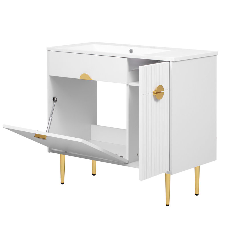 Meuble-lavabo de salle de bain moderne de 36 po, lavabo en résine, grand abattant, rangement, surface lisse, meuble-lavabo contemporain compatible avec robinet de 8 po, porte spacieuse, trou de déversement en surface