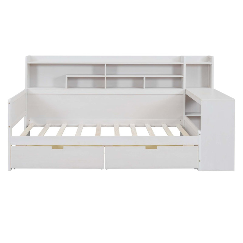 Wooden  Multi-Functional Daybed With Storage Shelves, 2 Storage Drawers And  Study Desk, Antique White, Twin
