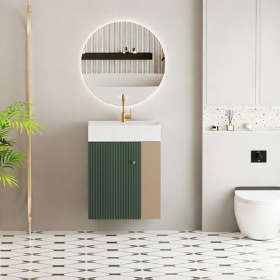Meuble-lavabo mural 21,6 po avec lavabo en céramique, porte à fermeture douce, tablette de rangement flottante droite, assemblage requis