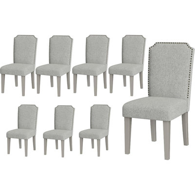Ensemble de chaises de salle à manger rembourrées, chaises en bois avec pieds en bois, chaise de salle à manger rembourrée à haut dossier avec garniture cloutée, chaise d'appoint en tissu pour salle à manger (gris, 8 pièces)