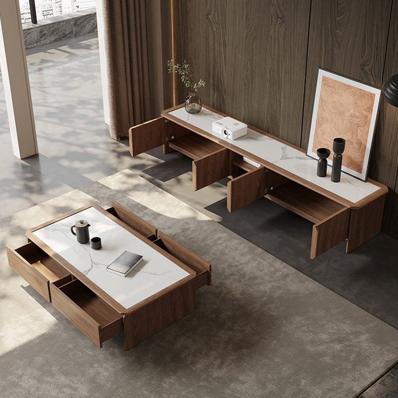 Meuble télé avec cadre en bois massif et table basse