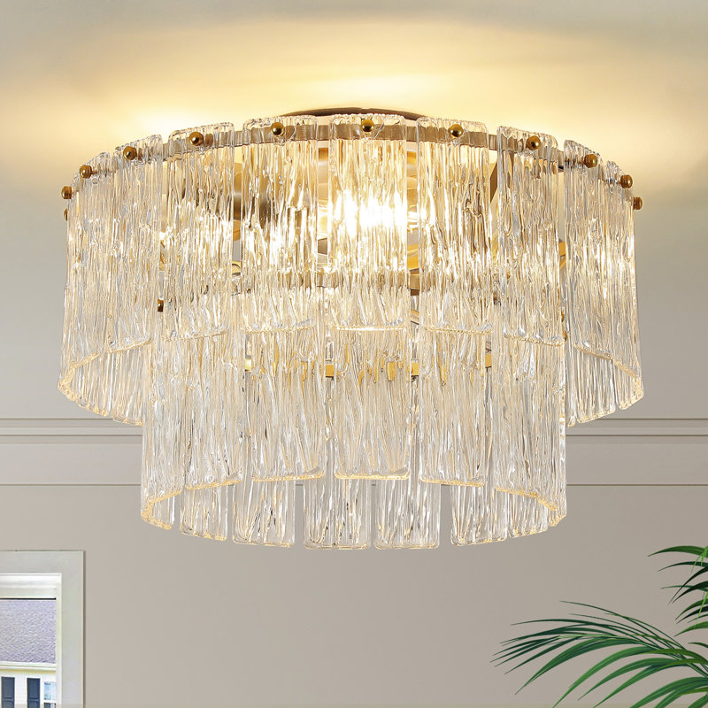 19.33" Flush Mount Ribbed Glass Ceiling Fan with Light Kit and Remote 
