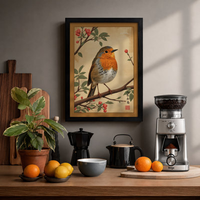 Robin Among Blossoms Japandi - Framed Print