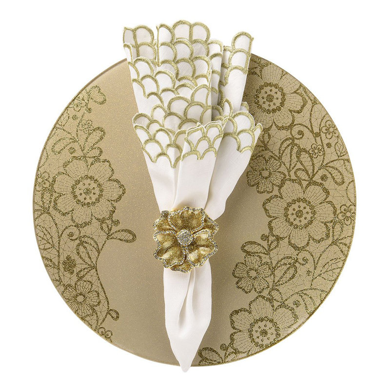 Peacock Linen Napkin, White/Gold
