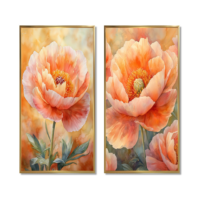 Golden pivoine I - Collection d'art sur toile floral 2 pièces, Cadre flottant doré, H 32 po x l 33 po