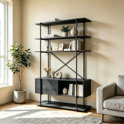 Industrial Bookshelf with Bottom Cabinet, Heavy Duty Metal & Wood Storage Shelf, Rustic Display Rack for Home Office & Living Room, Black