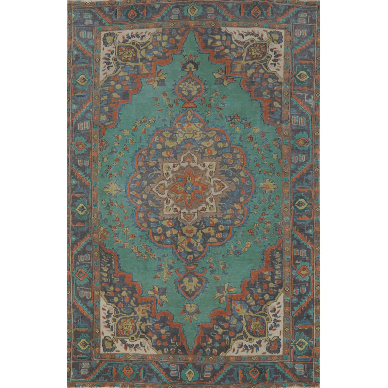Tapis traditionnel turquoise en laine vert 6 x 9
