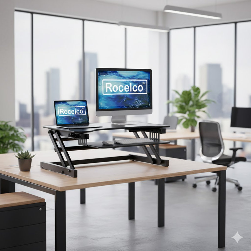  32 in. Black Height Adjustable Standing Desk Converter Keyboard Tray Up Double Monitor Riser Computer Workstation