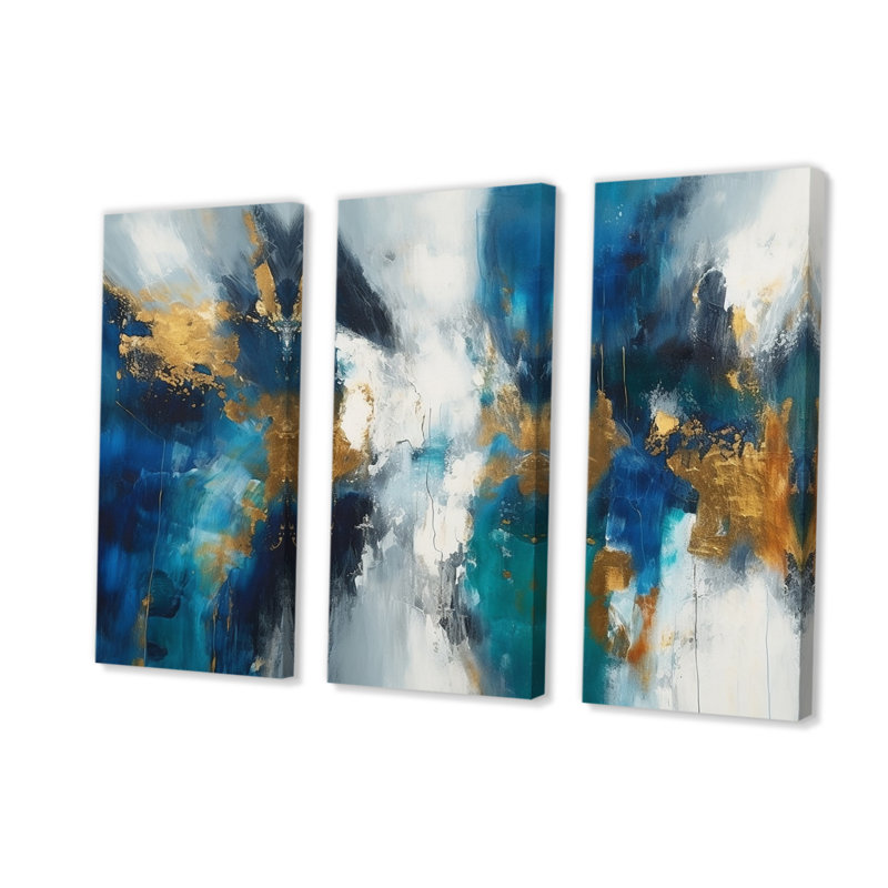 Abstrait à savoir profond en bleu royal et or IV 3 pièces, H 28 po x l 36 po x P 1 po