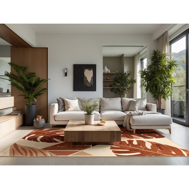 Tapis moelleux et moelleux à motif abstrait moderne et contemporain Durso Monstera brun - Reliure brun clair, Carré 6 pi