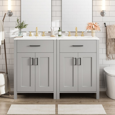 Meuble-lavabo moderne de 48 pouces avec lavabo en céramique, portes à fermeture en douceur, tiroir rabattable, tablettes de porte à double couche, solution de rangement élégante