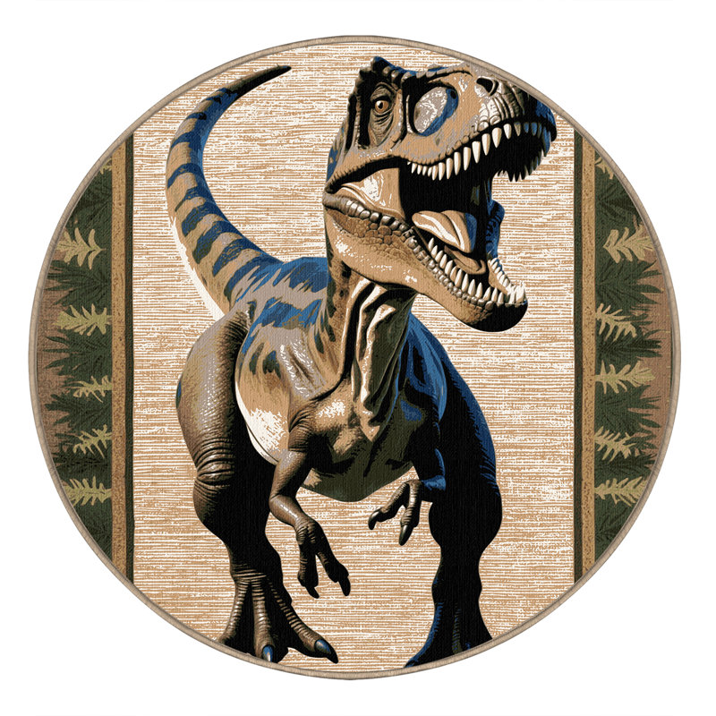 Machine Washable Dinosaurs Beige Area Rug, Round 7'