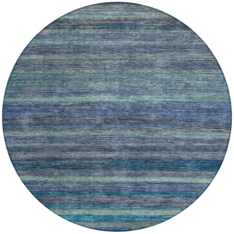 Tapis intérieur lavable rayé rond bleu et gris 8 pi