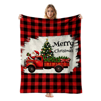 JYK Christmas Flannel Fleece Throw Blanket, Lightweight, Breathable, Soft Cozy Warm Plush Microfiber, 50"x60",  Santa Truck Plaid