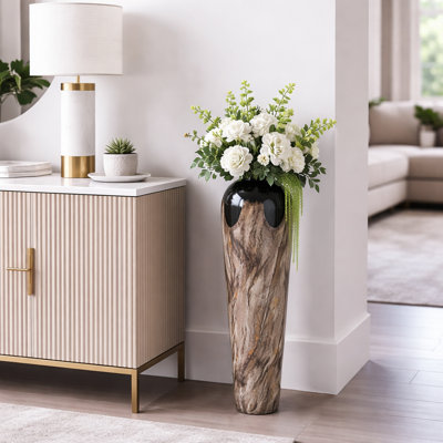 Vase effilé en fer avec finition marbrée pour la décoration intérieure - Grand vase à fleurs moderne pour table d'entrée ou décoration de plancher - Ivoire et brun